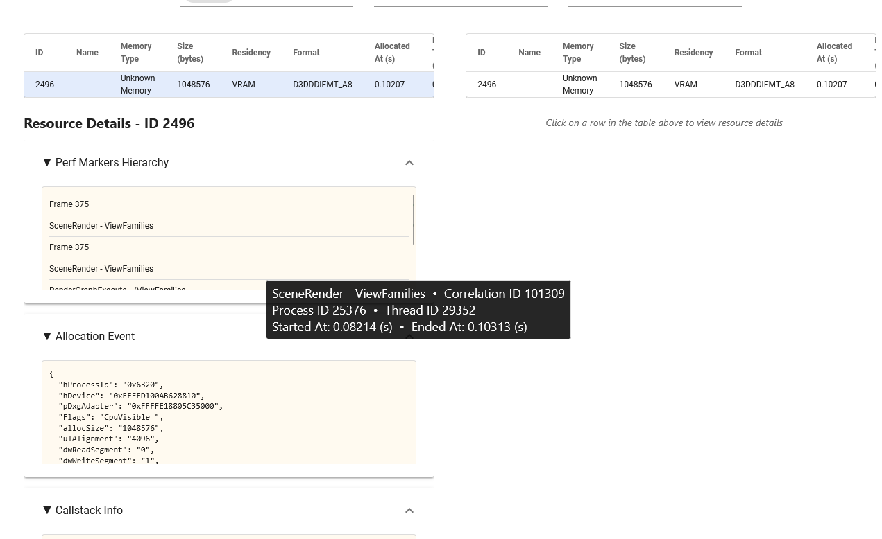Resources within the Resident Resources tables can be selected for additional details.